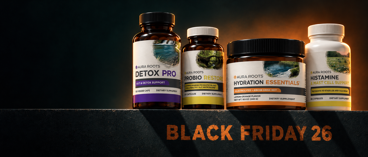 Detox Pro, Probio Restore, Hydration Essentials and Histamine & Mast Cell Support on a dark platform painted with Black Friday 26