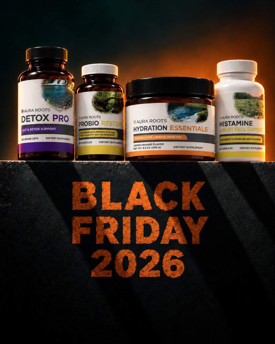 Detox Pro, Probio Restore, Hydration Essentials and Histamine & Mast Cell Support on a dark platform painted with Black Friday 26