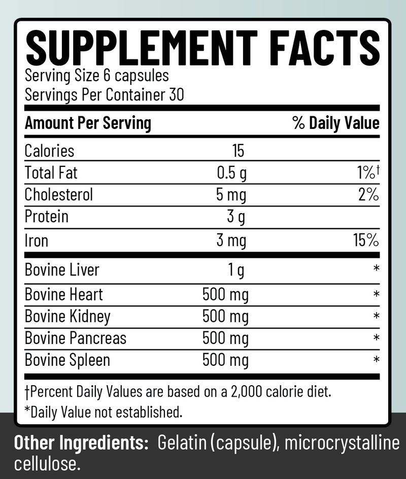 Grass-Fed Beef Organs Complex supplement facts