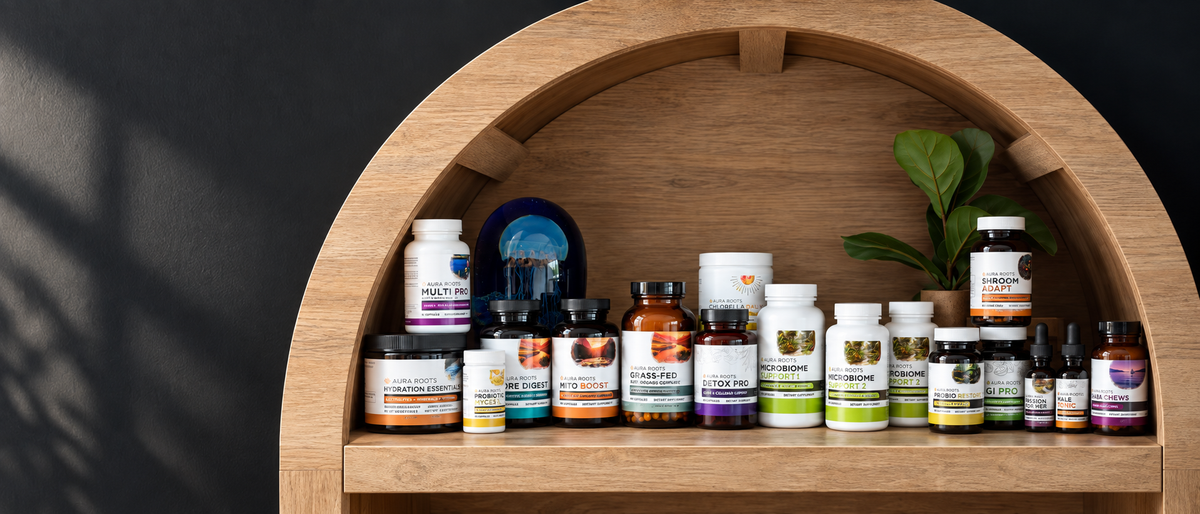 Aura Roots formulas displayed on an arched wooden shelf